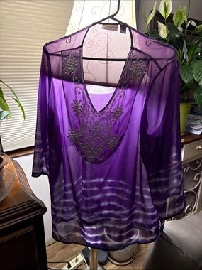 Chico's Sheer Embroidered V-Neck Tunic in Purple XL